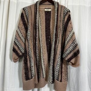Sonoma Earthy Bohemian Granola Woman 1X Open Front Knit Cardigan Striped Browns
